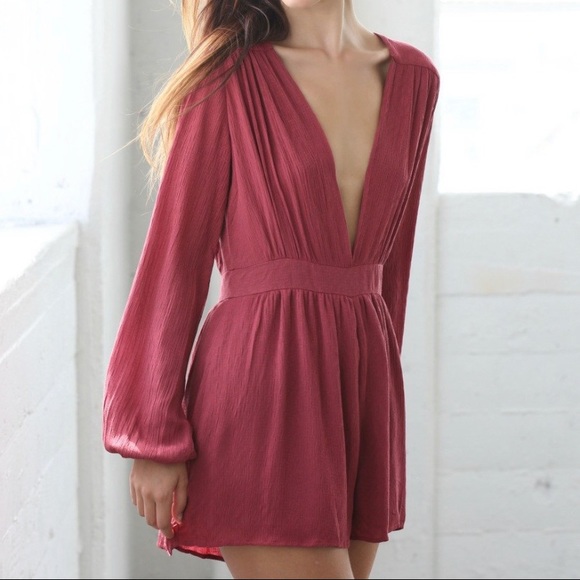 Sadie & Sage Pants - Red Long Sleeve Plunging Neck Romper